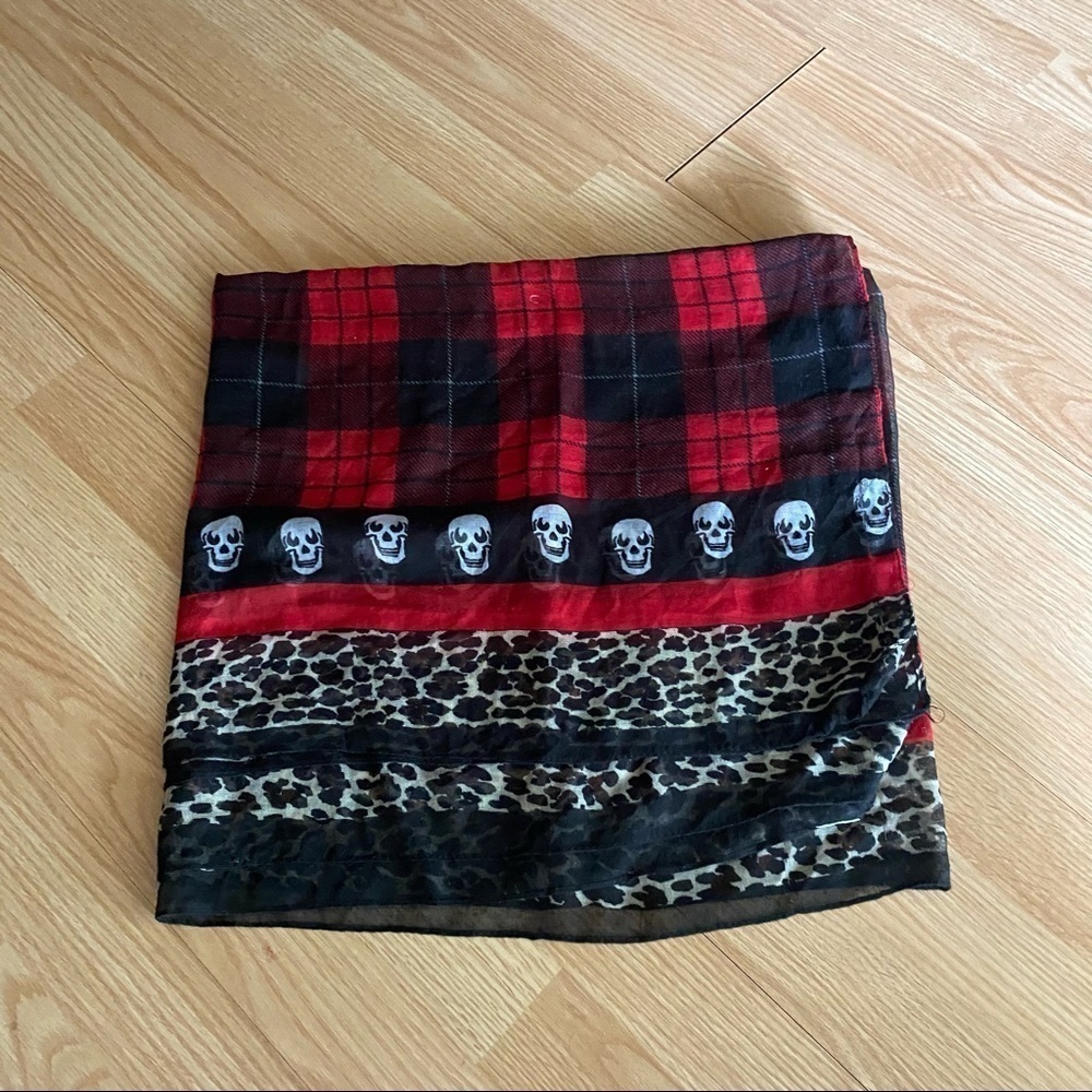 Skulls Red Black Plaid Animal Print Scarf OS